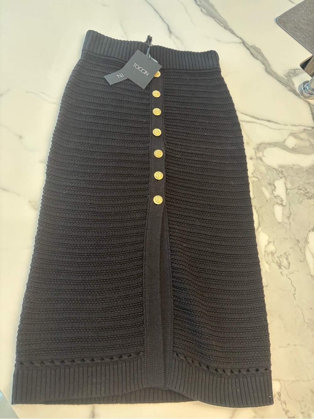 TOCCIN black  Knit Midi Skirt with Gold Buttons